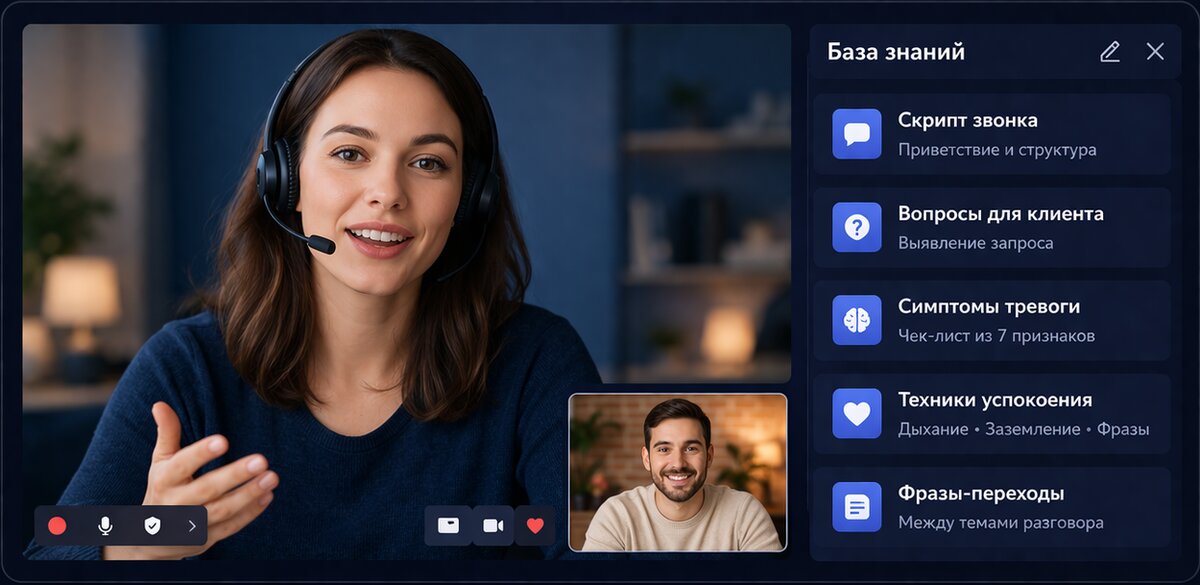 Rita Meet — интерфейс видеозвонка с базой знаний и материалами для коуча
